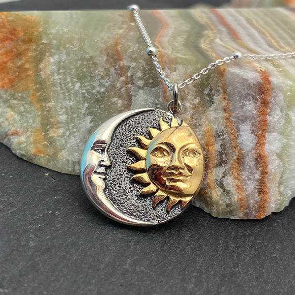 Silver Crescent Moon and Bronze Sun Disk Necklace