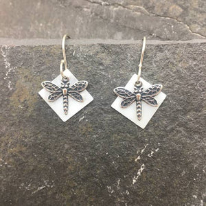 Silver Dragonfly With Square Mother Of Pearl Earring