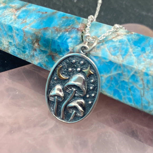 Silver Oval With Mushrooms Moon and Star Necklace