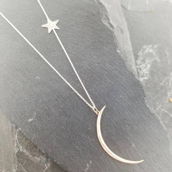 Silver Star Chain With Bronze Crescent Moon Necklace