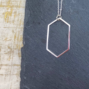 Sterling silver elongated hexagon pendant necklace