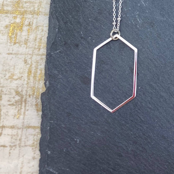 Sterling silver elongated hexagon pendant necklace