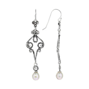 Sterling Silver Fancy Dangle Earrings with Pearl Detail  Silver