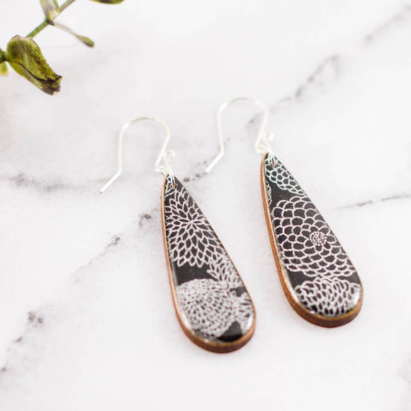 Teardrop Black + Silver Zinnia Earrings