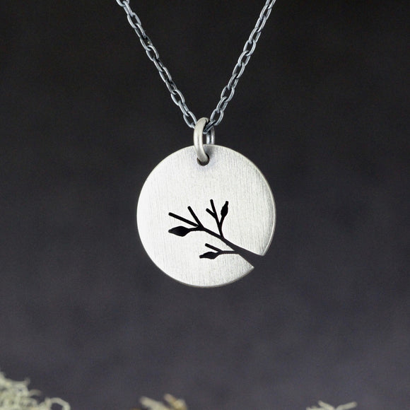 Tiny Leafy Branch Tree Art Round Pendant