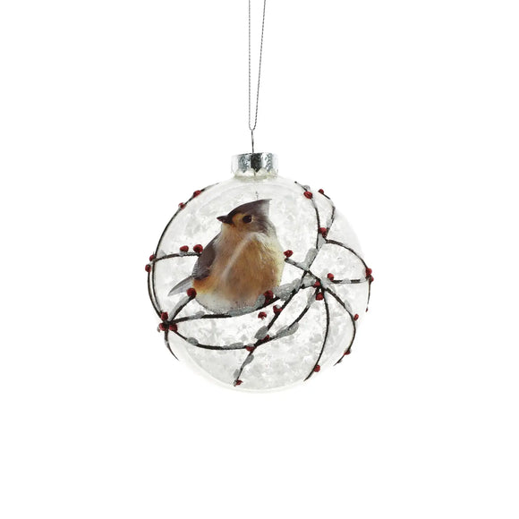 Clear Glass Ball Ornament with Titmouse Bird