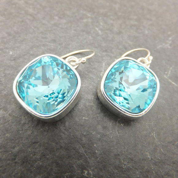 Turquoise Blue Crystal Silver Club Earrings