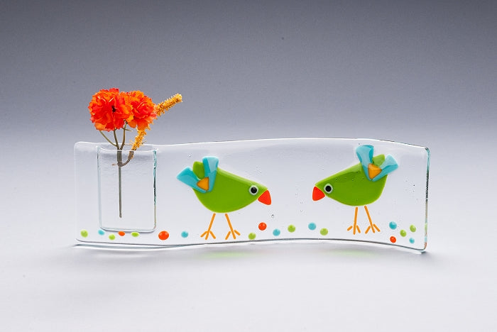 Clear Fused Glass Vase with Birds