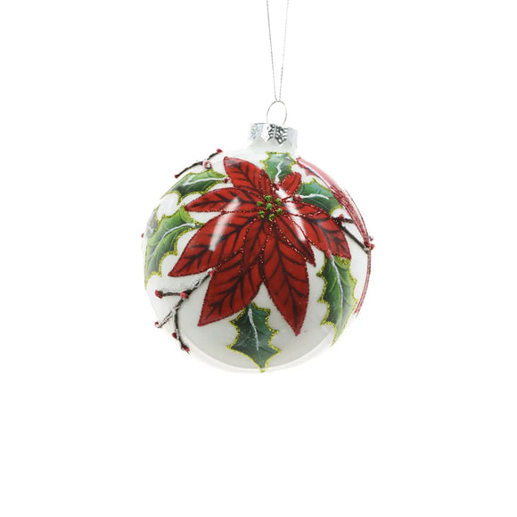 White Glass Ball Ornament with Cardinal