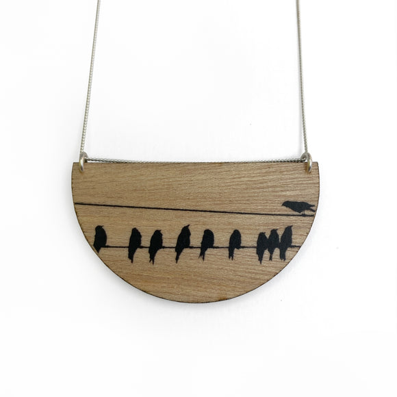 Wood Drop Crows Necklace  Light Mahogany