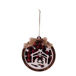 Wooden Red/Black Plaid Nativity Scene Ornament