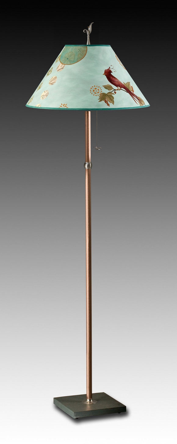 Copper Floor Lamp on Vermont Slate Base with Large Conical Shade in Sweet Bird Blue