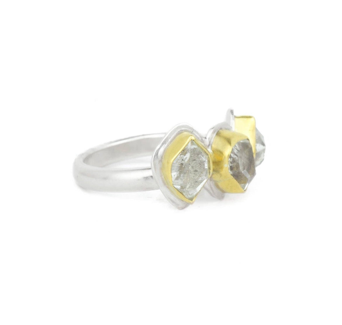 Herkimer Diamond + 22k Gold 3 Stone Glacier Ring  Shiny Sterling Silver