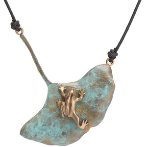 Gingko Leaf with Bronze Frog Pendant with Cord